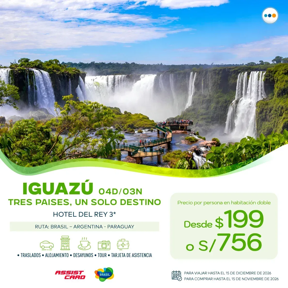 Flyer del paquete Iguazú. Desde $199 por persona en habitación doble.