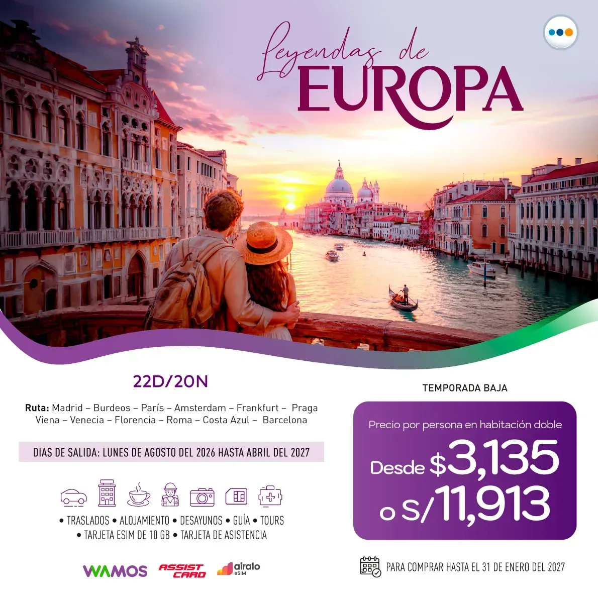 Flyer del paquete Leyendas de Europa (temporada baja). Desde $3,135 por persona en habitación doble.