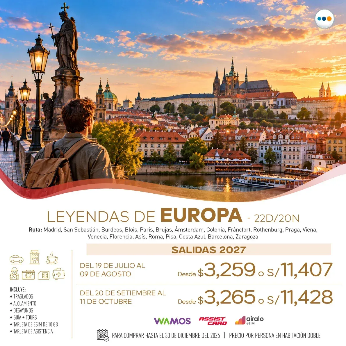 Flyer del paquete Leyendas de Europa (salidas 2027). Desde $3,259 por persona en habitación doble.