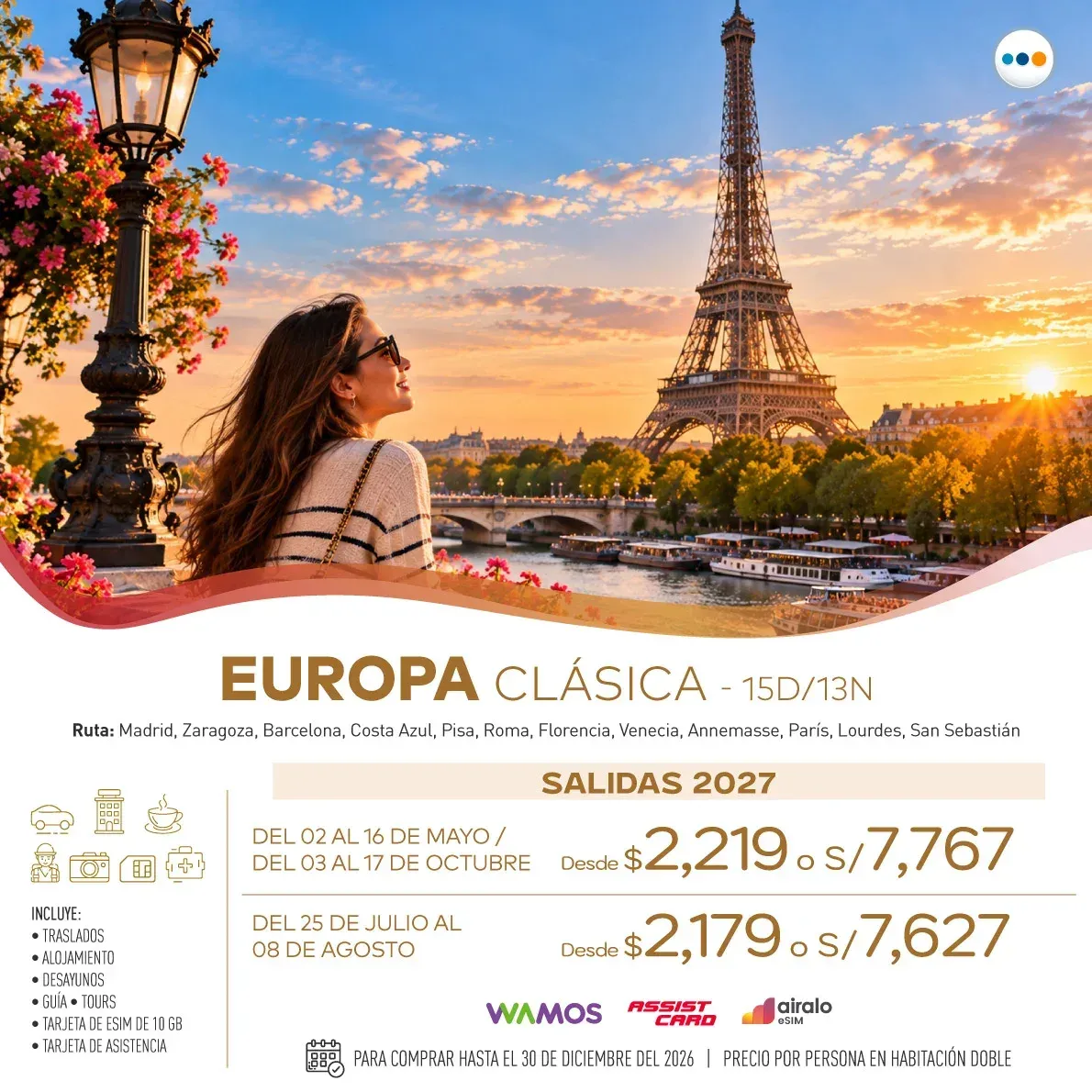 Flyer del paquete Europa Clásica. Desde $2,219 por persona en habitación doble.