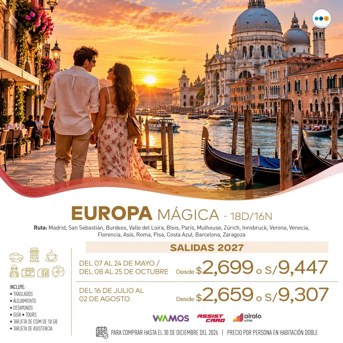 Flyer del paquete Europa Mágica. Desde $2,659 por persona en habitación doble.